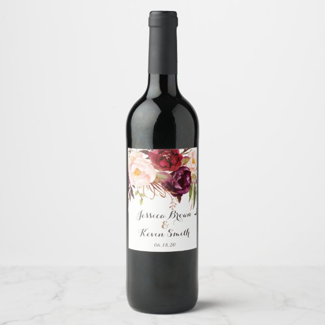 Marsala Burgundy Floral Personalisiert Wedding-3 Weinetikett (Vorderseite)