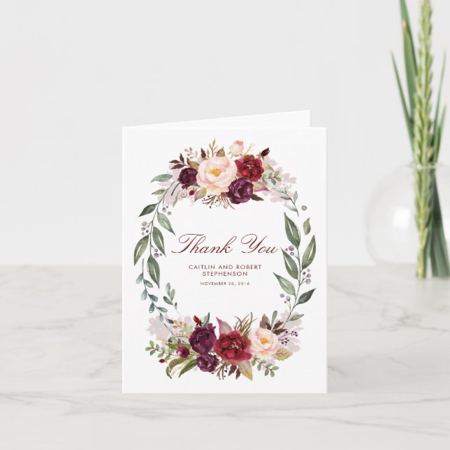 Marsala Burgundy Floral Wedding Vielen Dank Dankeskarte (Vorderseite)