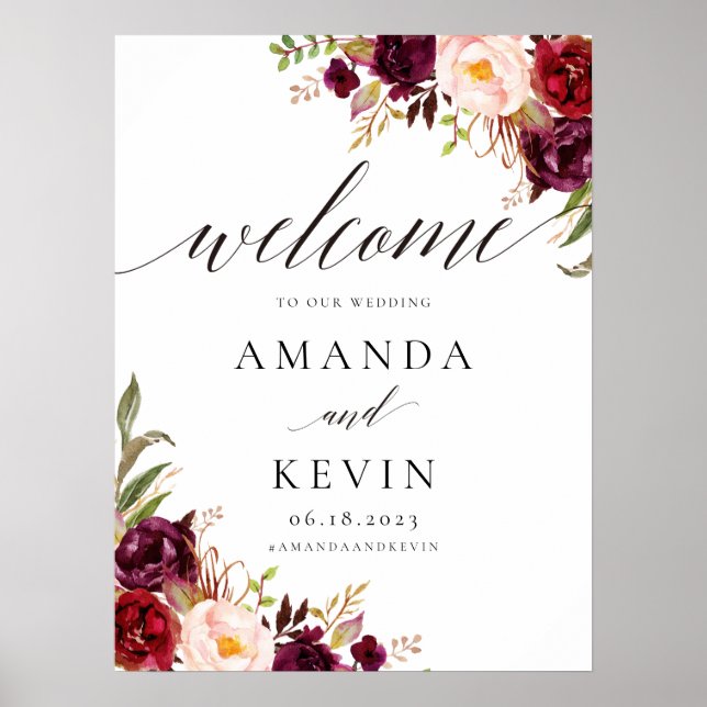 Marsala burgundy Floral Wedding Welcome Sign Poster (Vorne)
