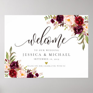 Marsala Burgundy Floral Wedding Welcome Sign Poster