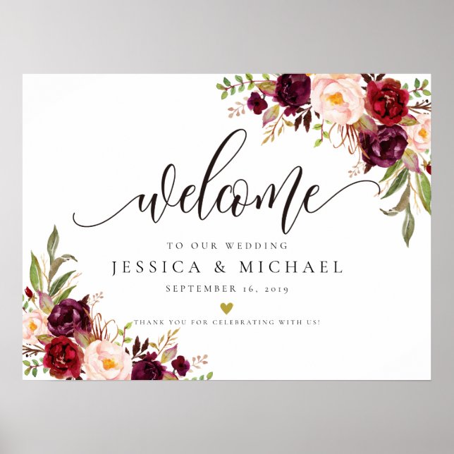 Marsala Burgundy Floral Wedding Welcome Sign Poster (Vorne)