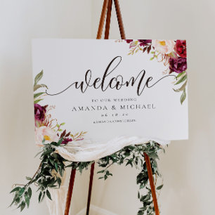 Marsala burgundy Floral Welcome Wedding Sign Poster