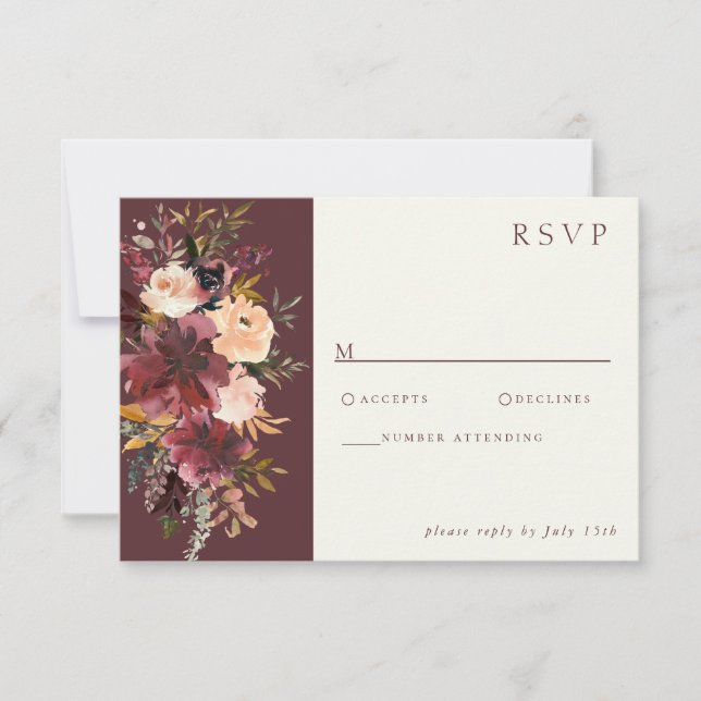 Marsala Burgundy Peach Watercolor Floral RSVP Karte (Vorderseite)