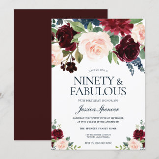 Marsala Burgundy Red Blush Floral 90. Geburtstag Einladung