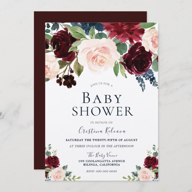 Marsala Burgundy Red Blush Floral Baby Dusche Einladung (Vorne/Hinten)