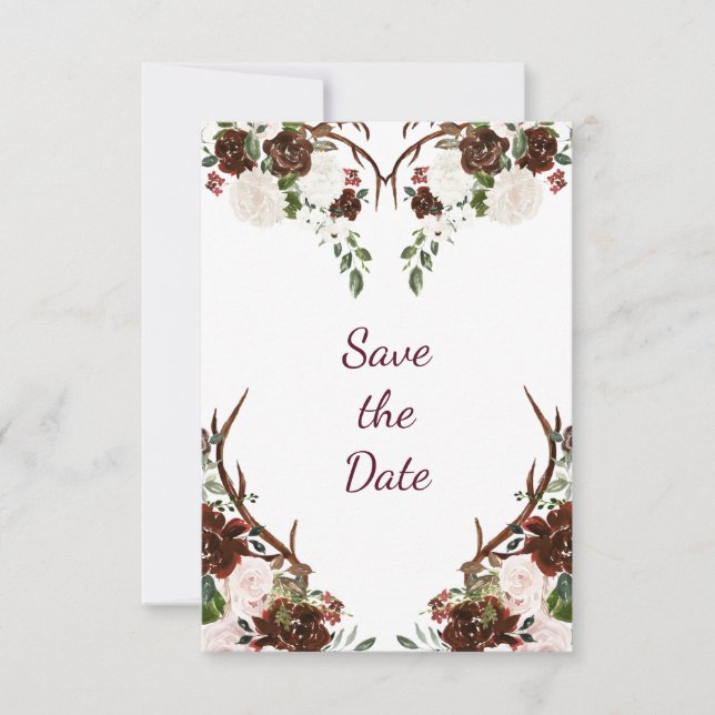 Marsala Burgundy Red Boho Antlers Foto Save The Date (Vorderseite)