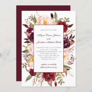 Marsala Burgundy Red White Roses Wedding Einladung