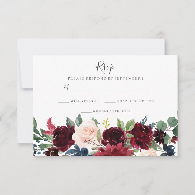 Marsala Burgundy Red Wine Floral Wedding RSVP Karte (Vorderseite)