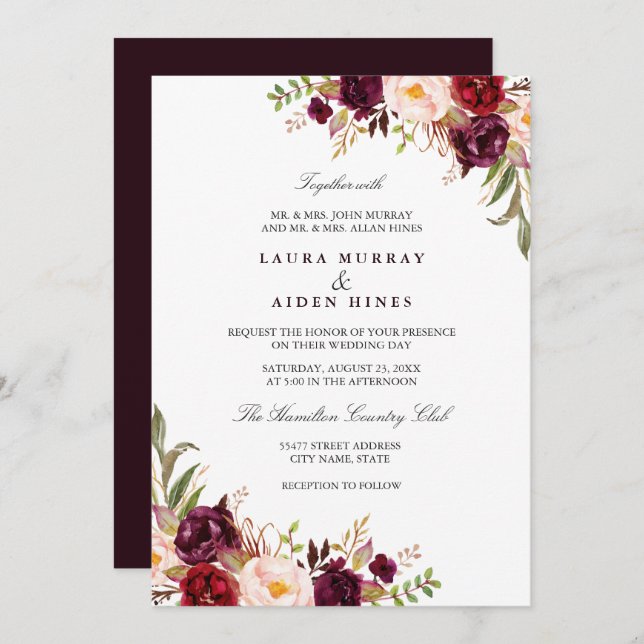 Marsala Burgundy Watercolor Floral Wedding Einladung (Vorne/Hinten)