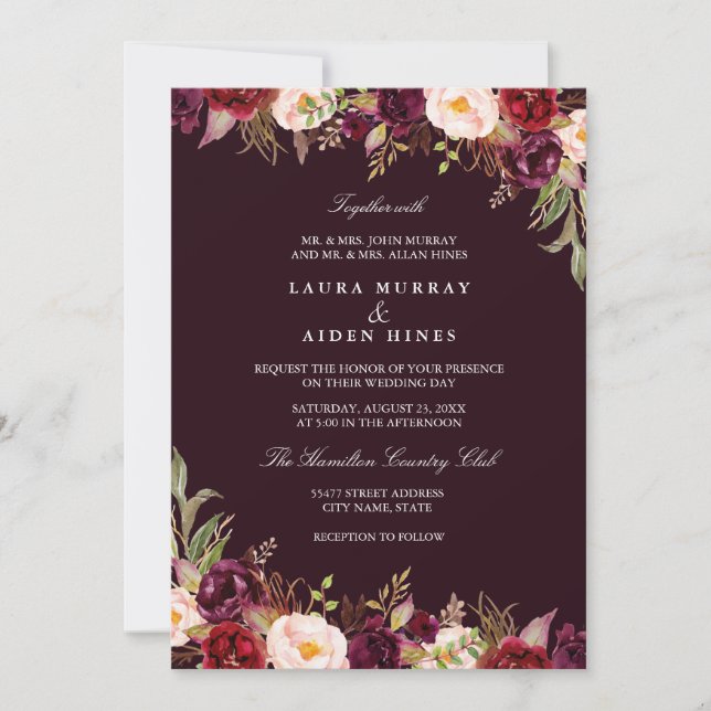 Marsala Burgundy Watercolor Floral Wedding Einladung (Vorderseite)