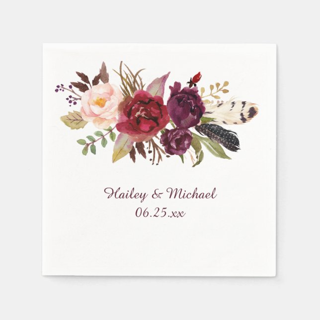 Marsala Burgundy White Roses Feathers Boho Serviette (Vorderseite)