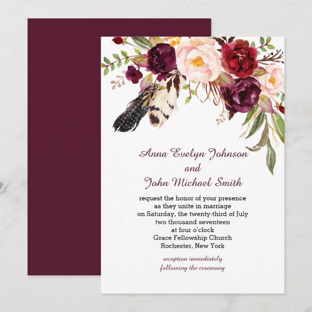 Marsala Burgundy White Roses Feathers Boho Wedding Einladung (Vorne/Hinten)