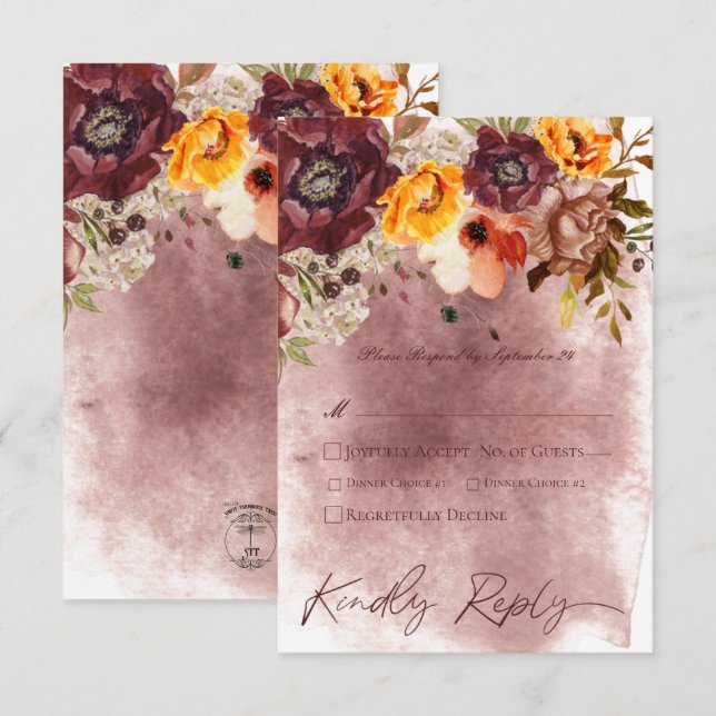Marsala Clay & Yellow Bouquet Wedding RSVP Karte (Vorne/Hinten)