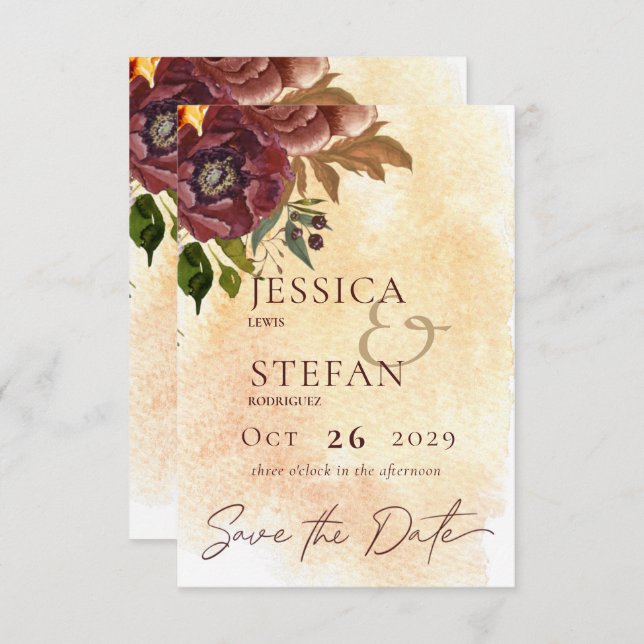 Marsala Clay & Yellow Bouquet Wedding Save The Date (Vorne/Hinten)