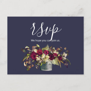 Marsala & Elfenbein-Aquarellrosen   Navy RSVP Postkarte