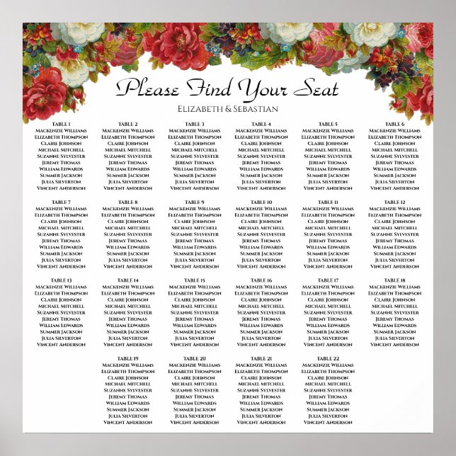 Marsala Floral 22 Table Wedding Seating Chart Poster (Vorne)