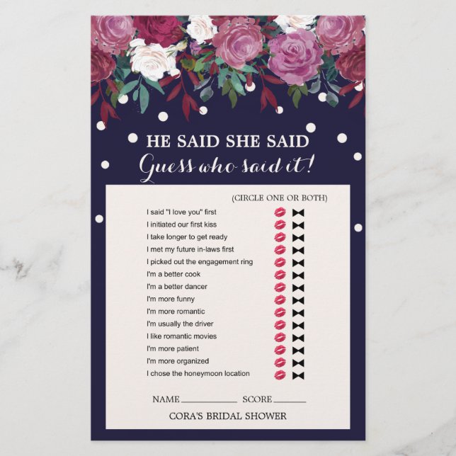 Marsala Floral and Navy Er sagte, sie sagte Spiel (Vorderseite)