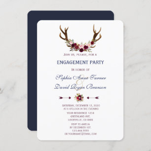 Marsala Floral Antlers Navy Blue Engagement Party Einladung