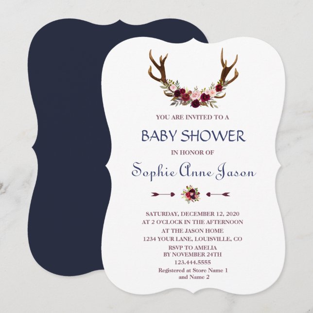 Marsala Floral Antlers Navy Blue Fall Baby Dusche Einladung (Vorne/Hinten)