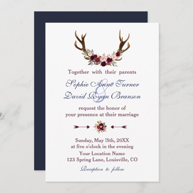 Marsala Floral Antlers Navy Blue Hochzeit im Herbs Einladung (Vorne/Hinten)
