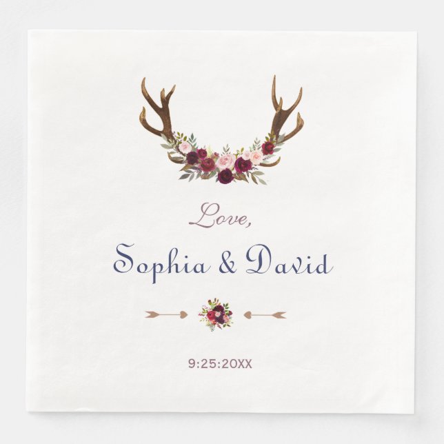 Marsala Floral Antlers Navy Blue Hochzeit im Herbs Serviette (Vorderseite)