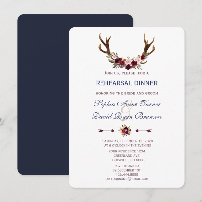 Marsala Floral Antlers Navy Blue Probe Dinner Einladung (Vorne/Hinten)
