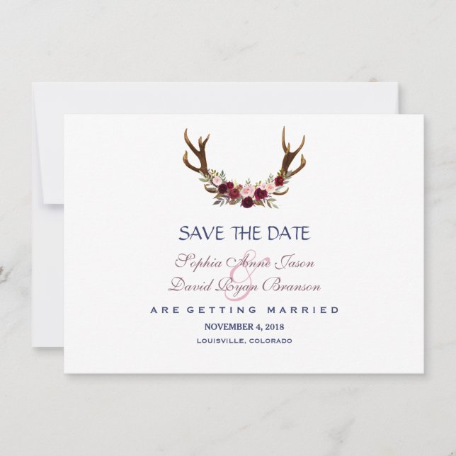 Marsala Floral Antlers Navy Blue Save the Date (Vorderseite)