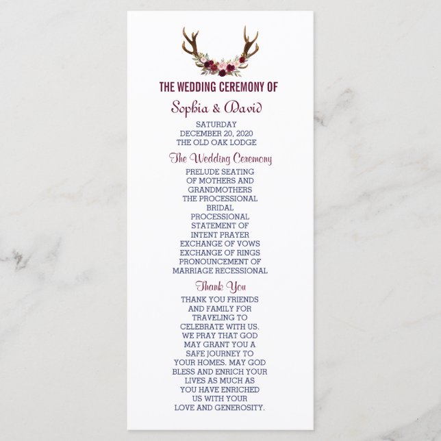 Marsala Floral Antlers Navy Blue Wedding Program Programm (Vorderseite)