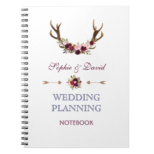 Marsala Floral Antlers Navy Hochzeitsplaner Notizblock (Vorderseite)