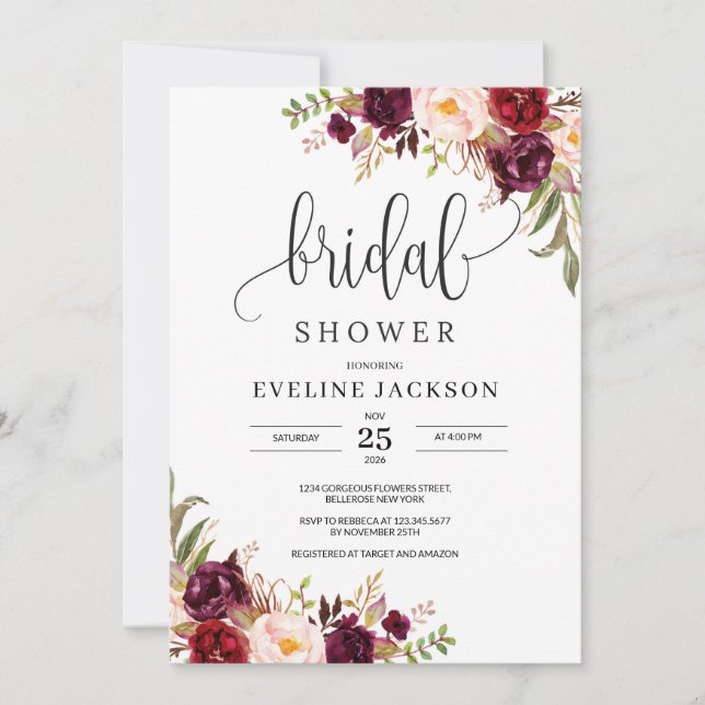 Marsala Floral Corners Bridal Dusche Einladung (Vorderseite)