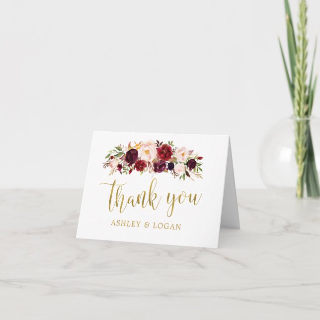 Marsala Floral Gold Herbst Hochzeit Danke Karte (Vorderseite)