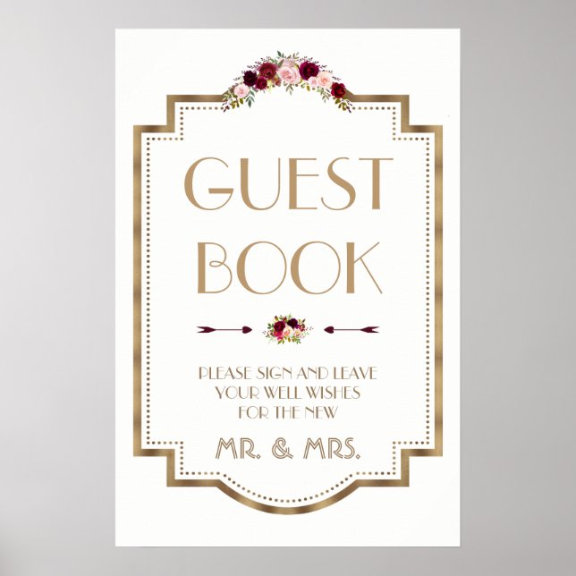Marsala Floral Gold Hochzeit im Herbst Guest Book  Poster (Vorne)