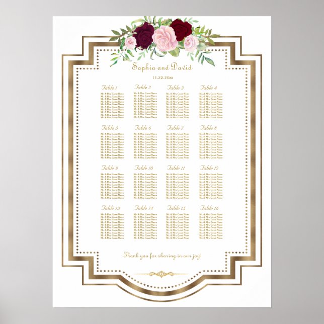 Marsala Floral Gold Hochzeitskarte Poster (Vorne)