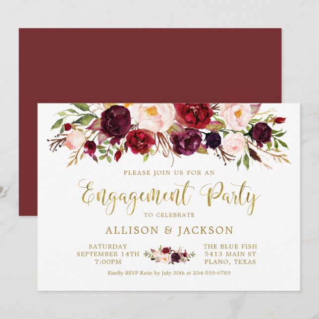 Marsala Floral Herbst Gold Engagement Party Card Einladung (Vorne/Hinten)