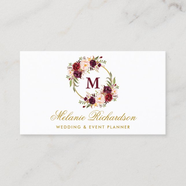 Marsala Floral Monogram Gold Visitenkarte (Vorderseite)