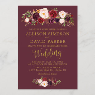 Marsala Floral Navy Herbst Hochzeitskarte Einladung