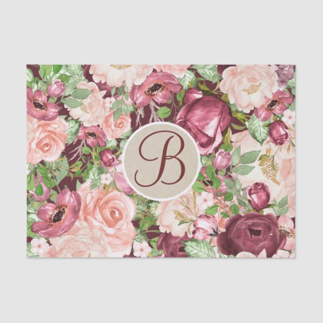 Marsala Floral Rustic Monogram Letter Initial Seidenpapier (Vorderseite)
