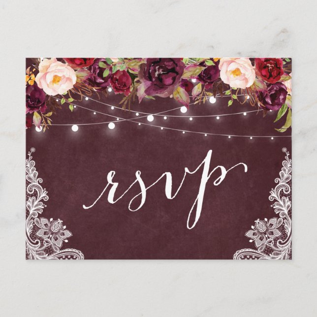 Marsala Floral String Lights Hochzeitsszenario RSV Einladungspostkarte (Vorderseite)