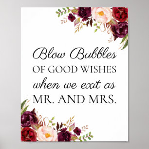 Marsala Floral Wedding Bubbles of Good Wishs Signi Poster