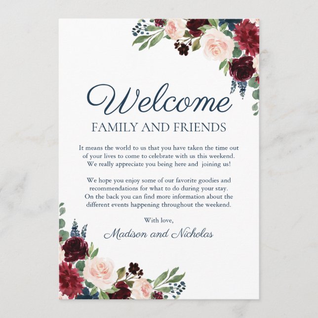 Marsala Floral Wedding Hotel Welcome Cards Programm (Vorderseite)