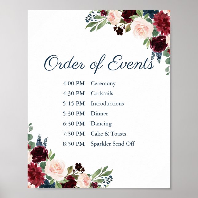 Marsala Floral Wedding Order of Events unterzeichn Poster (Vorne)