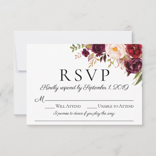 Marsala Floral Wedding RSVP Cards mit Song Choice (Vorderseite)