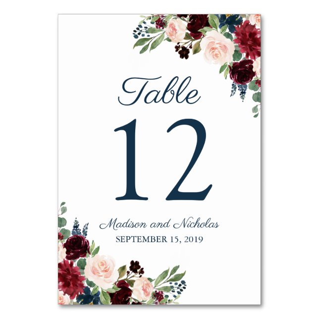 Marsala Floral Wedding Tischnummer Cards (Vorderseite)