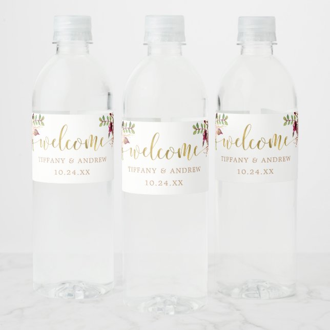 Marsala Floral Wedding Welcome Water Flasche Label Wasserflaschenetikett (Flaschen)