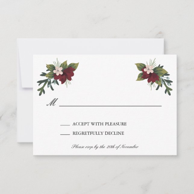 Marsala Floral Winter Wedding RSVP Card Einladung (Vorderseite)