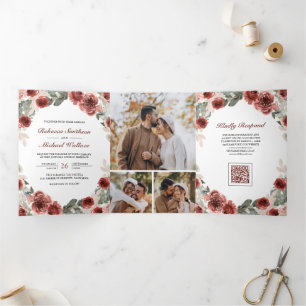 Marsala Florale Fotocollage QR-Code Hochzeit Dreifach Gefaltete Einladung