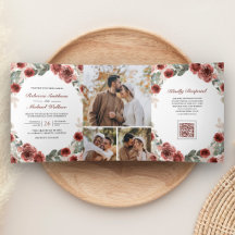 Marsala Florale Fotocollage QR-Code Hochzeit