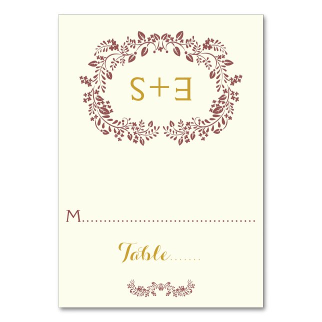 Marsala foliage and initials Hochzeit Platzkarte Tischnummer (Vorderseite)