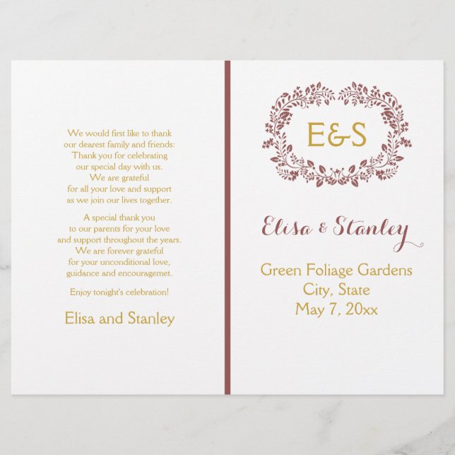Marsala Foliage Kranz Rahmen Hochzeitsprogramm (Vorderseite)