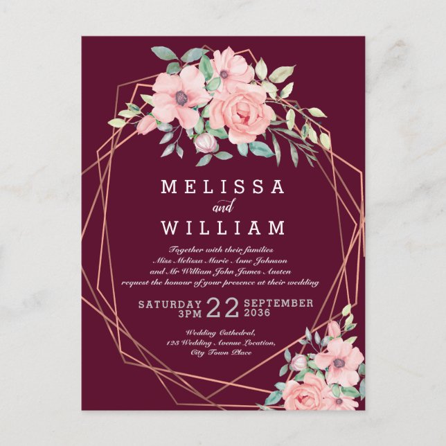 Marsala Geometric Copper Floral Wedding Einladungspostkarte (Vorderseite)